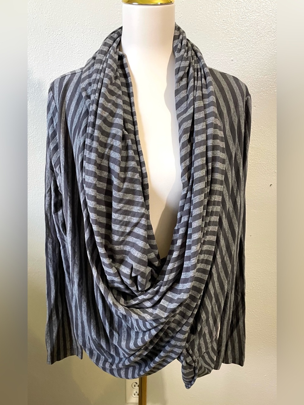 Norma Kamali Gray Black Striped Jersey Twist Neck Cocoon Cardigan Large Draped